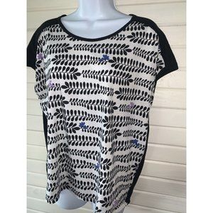 GAP Sz MEDIUM Cap Sleeve Top Blouse Black White Whimsical Floral Print EUC